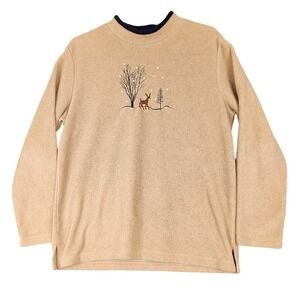 Croft & Barrow Fleece Pullover Top Embroidered Deer Winter Scene Women's M‎